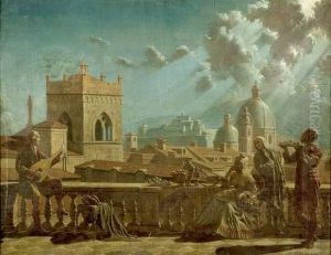 Galante Assemblee Sur La Terrasse D'un Palais A Brescia Toile Marouflee Sur Carton. by Bruno Lauterbach