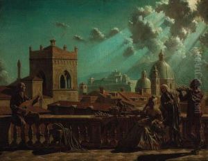 Elegant Figures On A Moonlit Terrace Overlooking A Town