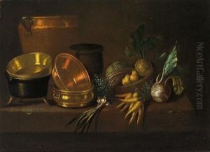 Natura Morta Con Stoviglie In Rame E Stagno E Verdure Sul Piano Di Un Tavolo by Johann Fr. Nepomuk Lauterer