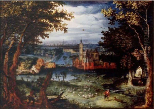 A Wooded River Landscape With A Manor House By A Village, A City Beyond - view 1