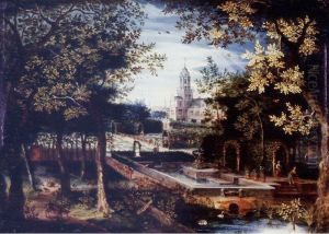 Wooded Landscape With Animals And Huntsmen, A Manorhouse And Gardens Beyond by Balthasar Lauwers