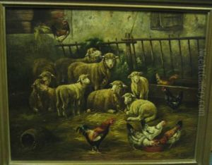 Barnyard Scene With Sheep And Chickens by August Laux