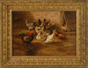 Farmyard Scene With Chickens And Roosters by August Laux