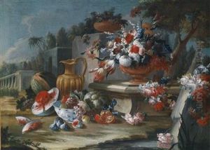 A Still Life With Flowers And Fruit In A Park Landscape