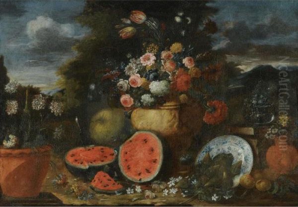 Still Life With A Large Arrangement Of Flowers In A Carved Stone Urn, With Open Watermelons, Figs And Earthenware Pots On The Garden Floor Beneath - view 1