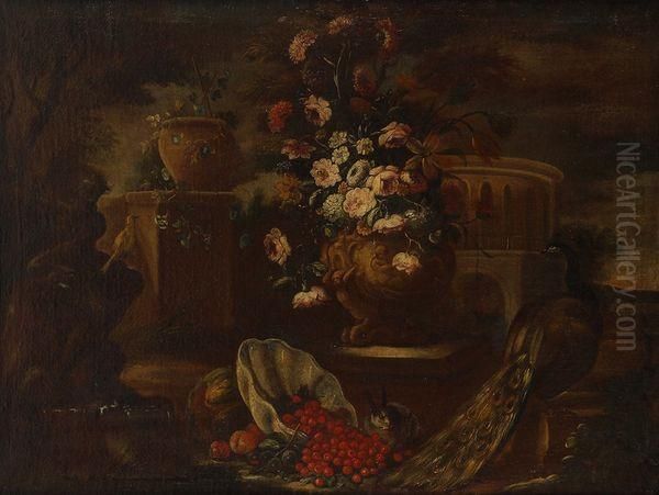 Scene Nocturne Au Vase De Fleurs Et Coupe De Fruits - view 1