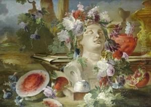 Flowers Garlanded Around A Marble Bust, With A Melon And Pomegranates In A Park Landscape