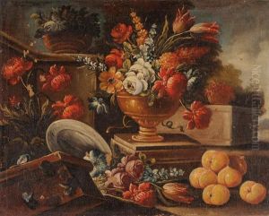 Natura Morta Con Vasi Di Fiori, 
Pesche E Piatto