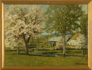 New England Farm With Cherry Blossoms by William Lavalley
