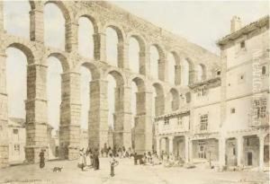 Scene De Marche Devant L'aqueduc De Segovie En Espagne by Giovanni Lavezzari
