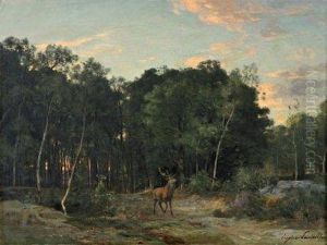 Futaie De La Plaine Du Rosoir,fontainebleau, Le Soir by Eugene Antoine Samuel Lavieille