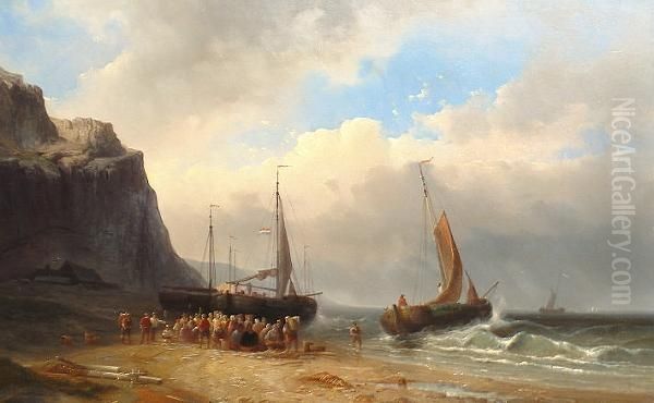 Fishing Boats Off A Coast With Fisherfolk Gathered On A Beach And Inscribed 'la Vigne Paris' (lower Left) - view 1