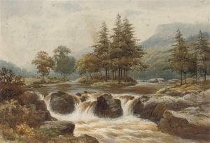 A Waterfall With Cattle And A Mountain Beyond by Harold Lawes