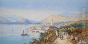 An Italian Mountainous Coastal Town With Figures On A Track by Sydney Lawrence