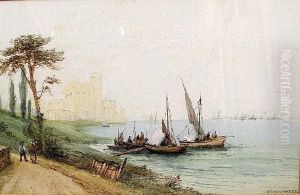 Fishing Boats Along A Shore, A Harbor Beyond by Sydney Lawrence