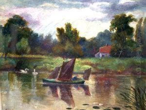 River Scene With A Barge And Swans by Cecil Gordon Lawson