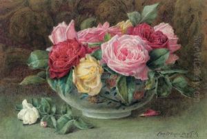 Still Life With A Bowl Of Pink, Yellow And Red Roses by Constance Lawson