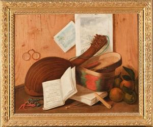 "finto Asse" Con Mandolino, Un Libro, Stampe, Frutta Ed Altri Oggetti.