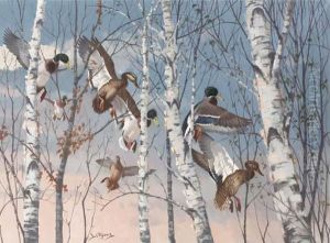Through The Birch - Mallards by Maurice Le Blanc