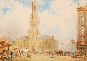 Market Scene With Cathedral In The Background by Pierre Le Boueff