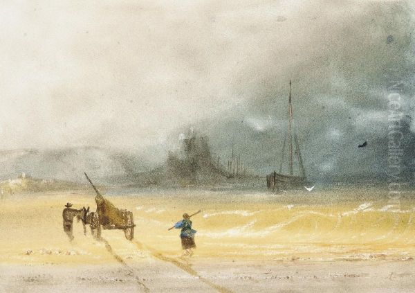Seaweed Gatherers On The Beach Before Gorey Castle, Jersey - view 1