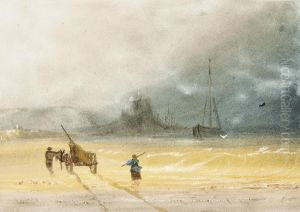 Seaweed Gatherers On The Beach Before Gorey Castle, Jersey by John Le Capelain