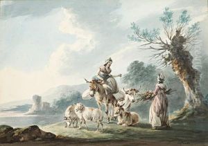 Two Women, Donkeys, A Cow And Sheep In A Landscape by Peter La Cave