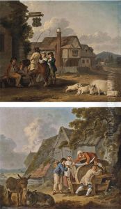 Figures Outside An Inn, With A Sow And Piglets, Houses Beyond