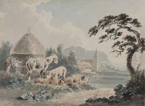 Pigs And Donkey By A Haystack by Peter La Cave