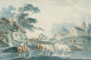 Cattle In A Stream With Watermill, Coach And Horses, Church And Cottages Beyond by Peter La Cave