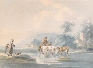 "figures And Cattle By A Stream" by Peter La Cave