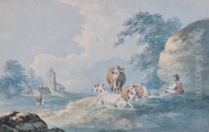 Cattleand Drover Resting Beside A Road by Peter La Cave