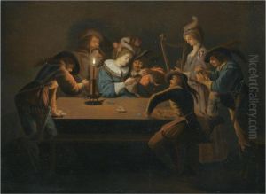 A Candlelit Interior With Elegantly Dressed Figures Playingcards by Jean Le Clerc