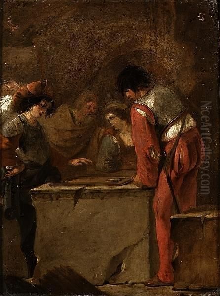 Two Young Men Playing Tric-trac On A Stone Ledge, A Lady And A Bearded Man Looking On - view 1