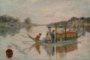 Envol De Grues Devant Une Jonque by Jules Le Coeur