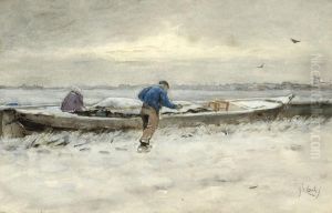 A Farmer And His Flatboat In A Winter Landscape A Farmer And His Flatboat In A Winter Landscape