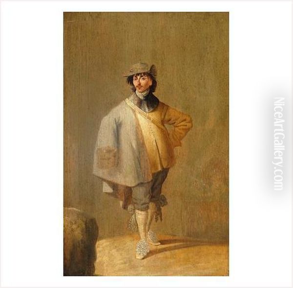 Gentilhomme En Cape Et Jeune Femme En Robe De Soie Bleue - view 1