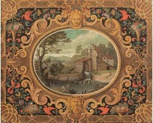 Paysage Au Moulin A Eau Dans Un Decor De Grotesques Et De Fruits Dans Le Gout De Berain by Etienne Le Monnier