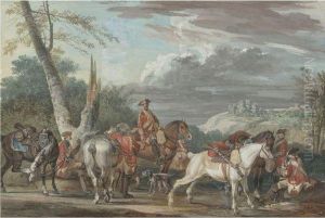 Cavalry Party At Rest At The Side Of A Road by Jean-Baptiste Le Paon