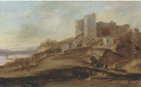 Veduta Laziale Con Viandanti E Borgo Turrito - view 1