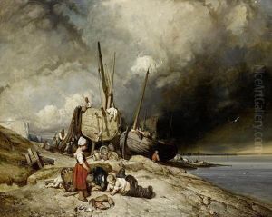 Fishermen And Boats On The Normandy Coast With Children In The Foreground
