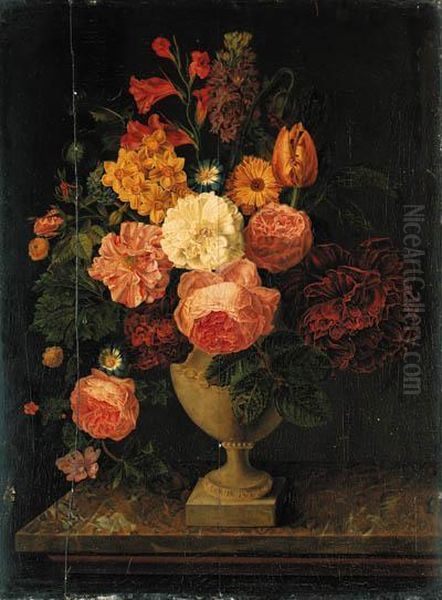 Roses, Narcissi, Morning Glory, A Parrot Tulip, Daisies, Paeoniesand Other Flowers In An Urn On A Marble Topped Ledge - view 1