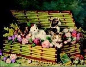 Chatons Dans Un Panier De Fleurs by Jules Le Roy