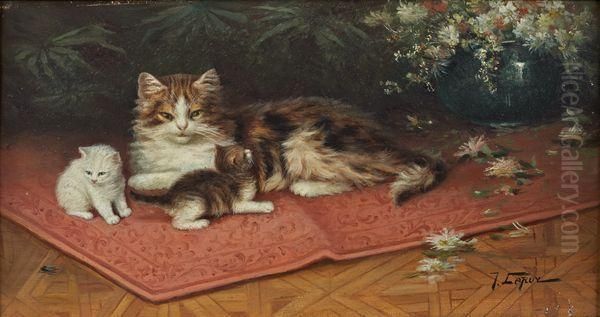 Chatte Et Chatons Sur Un Tapis - view 1