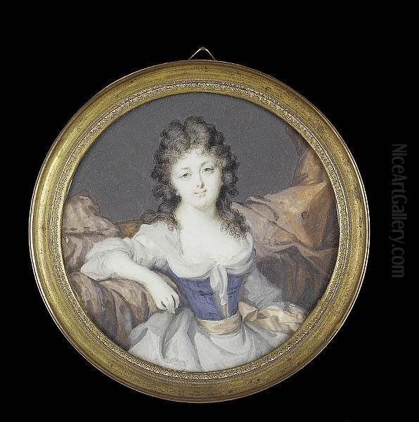 A Lady, Seated, Wearing White Dress With Blue Bodice And Peach Coloured Sash - view 1