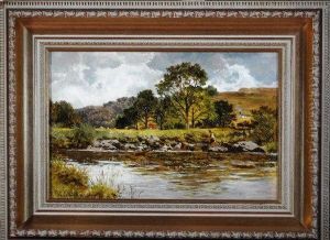 A Boy Angling On The Bank Of A River by Benjamin Williams Leader