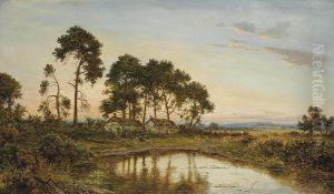 Cottages Beside A Pool At Dusk by Benjamin Williams Leader