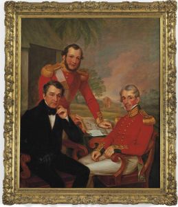 Triple Portrait Of Colonel Sir James Jackson, Major George Lee, And Major General Brice Wakeford Lee, At A Desk In A Landscape, With A Map And A Letter, An Elephant