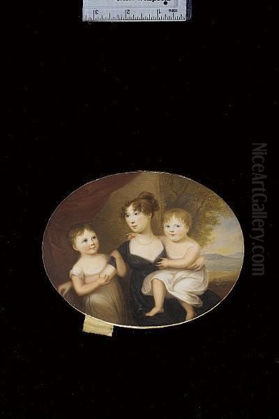 Mrs Pringle (nee Halkett), Wearing Black Dress With White Underslip And Pearl Necklace; With Her Daughters Mary And Charlotte Both Wearing White Dresses, Red Curtain And Landscape Background - view 1