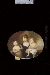 Mrs Pringle (nee Halkett), Wearing Black Dress With White Underslip And Pearl Necklace; With Her Daughters Mary And Charlotte Both Wearing White Dresses, Red Curtain And Landscape Background